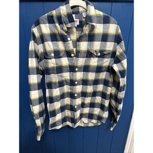 Levi Plaid Men's Sz S  Long‎ Sleeve Button Up Shirt Plaid Yellow, blue And white